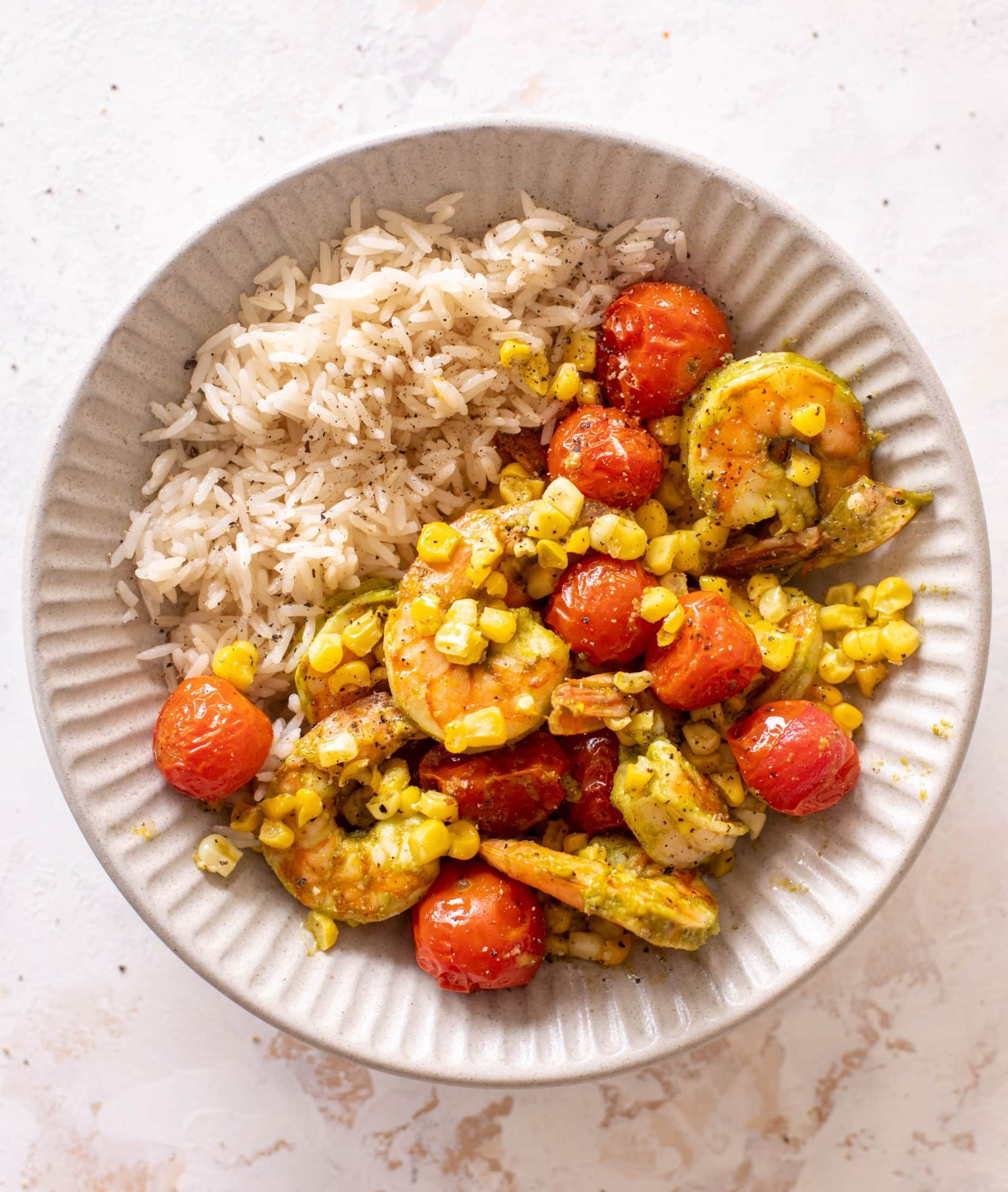 sheet pan summer shrimp and rice bowls