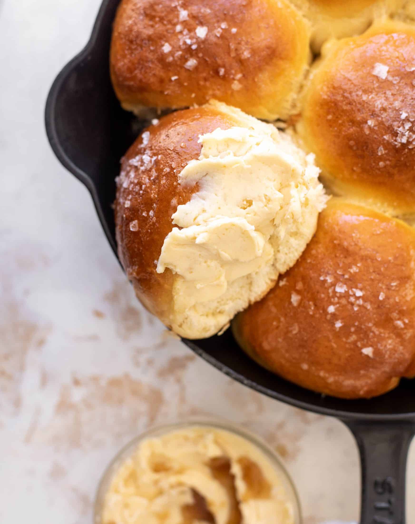 fluffy brioche dinner rolls with salted maple butter
