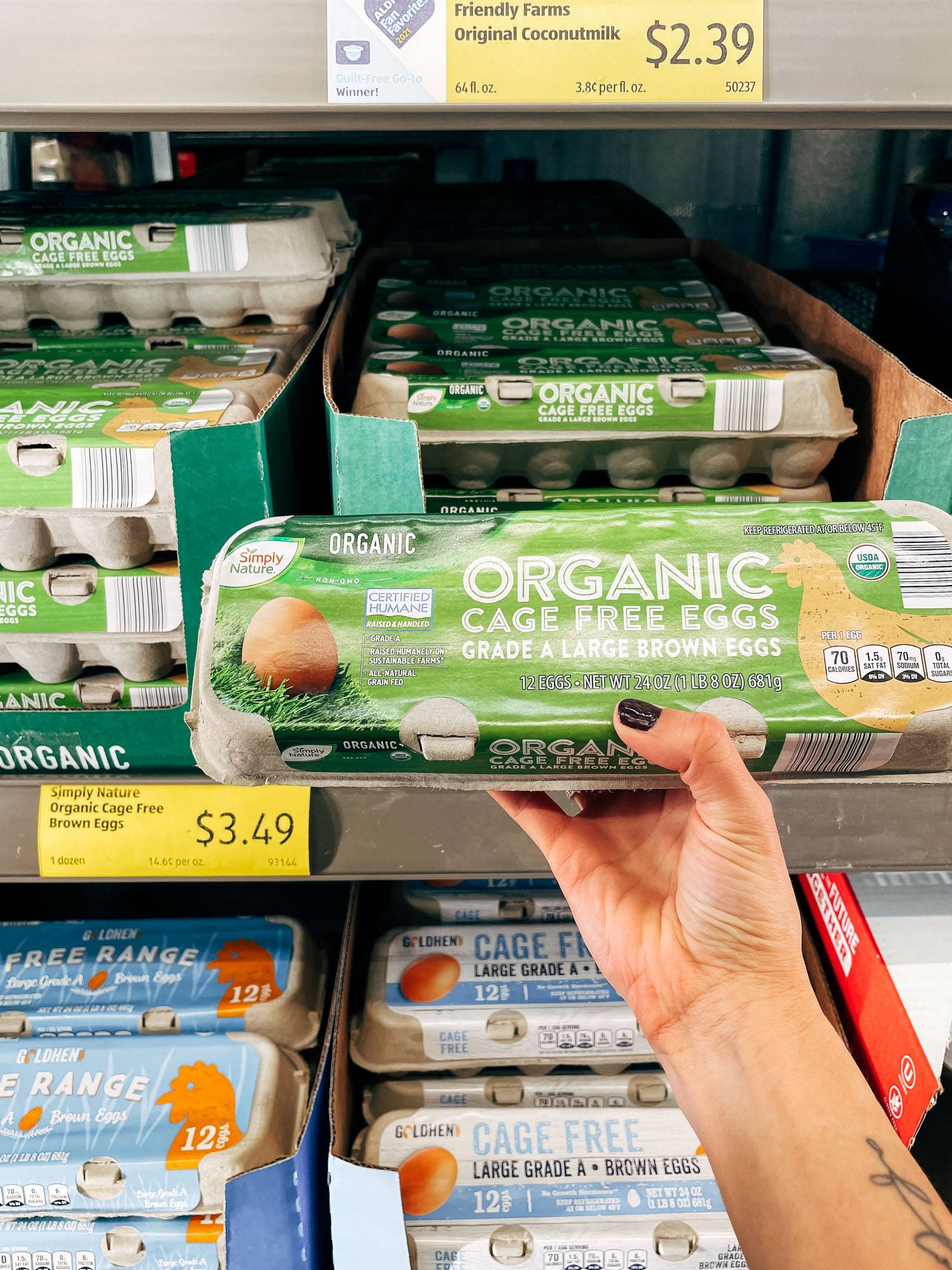 White hand holding a carton of eggs