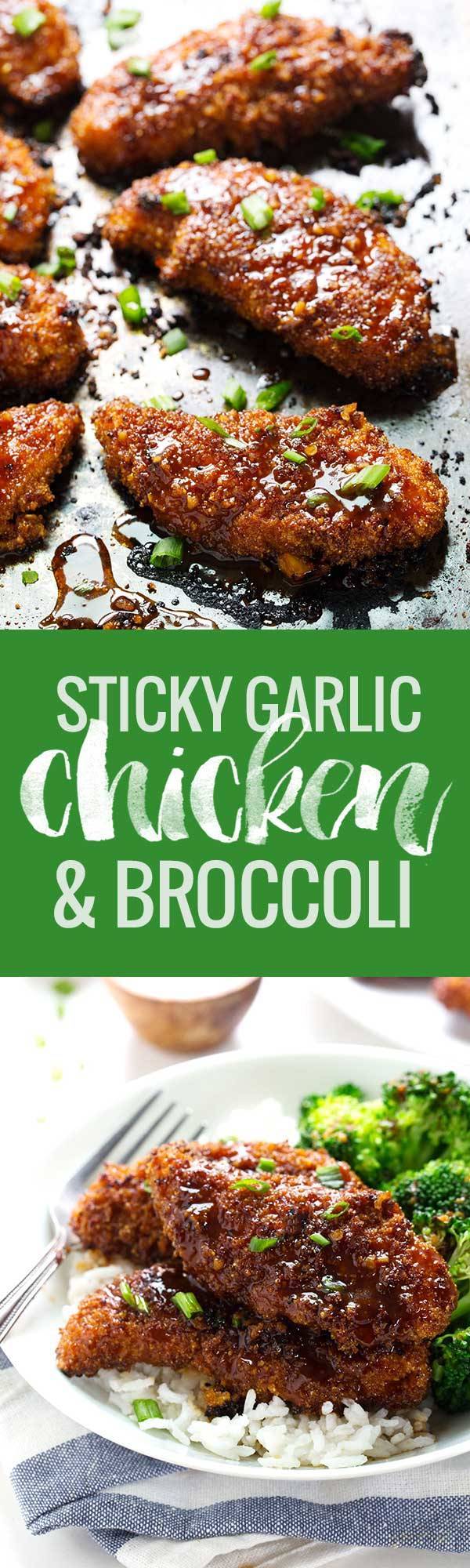 Sticky Garlic Chicken with Broccoli - baked to a lightly crisp perfection and coated with yummy homemade sauce. Ready in 30 and 340 calories. | pinchofyum.com